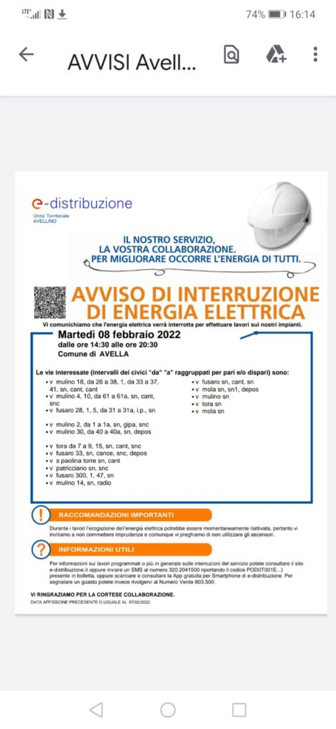 AVELLA. Martedì 8 febbraio, interruzione dell energia elettrica