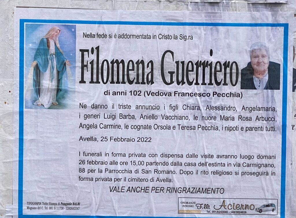 AVELLA. Si è spenta nonna Filomena Guerriero (zia Mamela), aveva 102 anni.