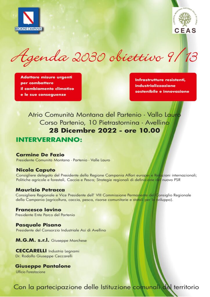 Comunità Montana Partenio. Agenda 2030 obiettivo 9/13, se ne discute a Pietrastornina (AV) il 28 dicembre