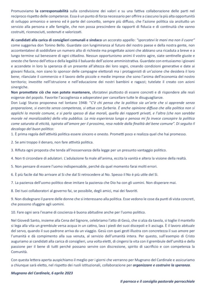 Mugnano   Lettera aperta alla comunità dal Parroco e dal Consiglio parrocchiale Una lettera aperta per la comunità mugnanese in occasione delle prossime elezioni amministrative.