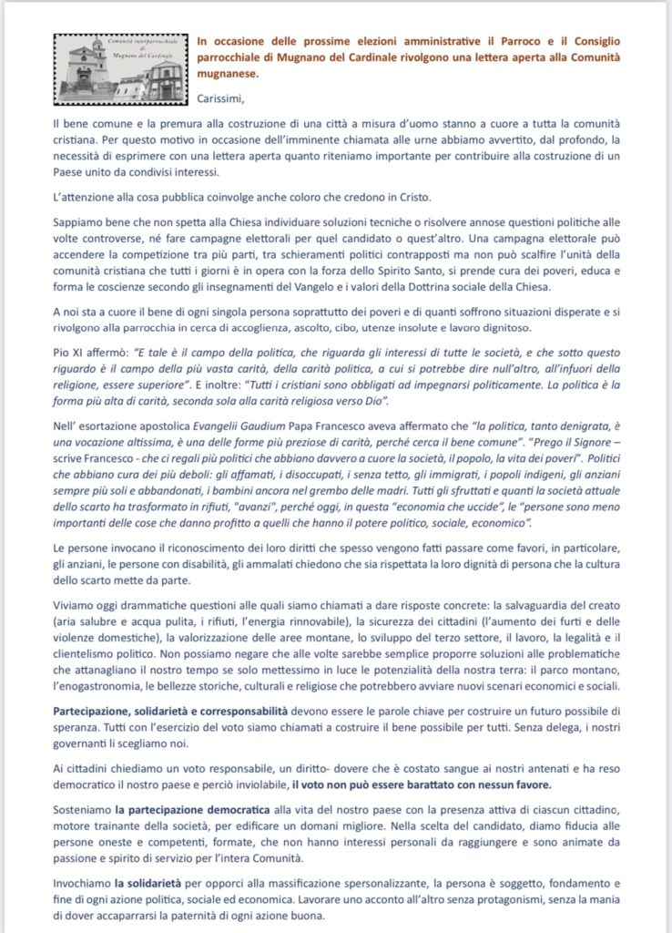 Mugnano   Lettera aperta alla comunità dal Parroco e dal Consiglio parrocchiale Una lettera aperta per la comunità mugnanese in occasione delle prossime elezioni amministrative.