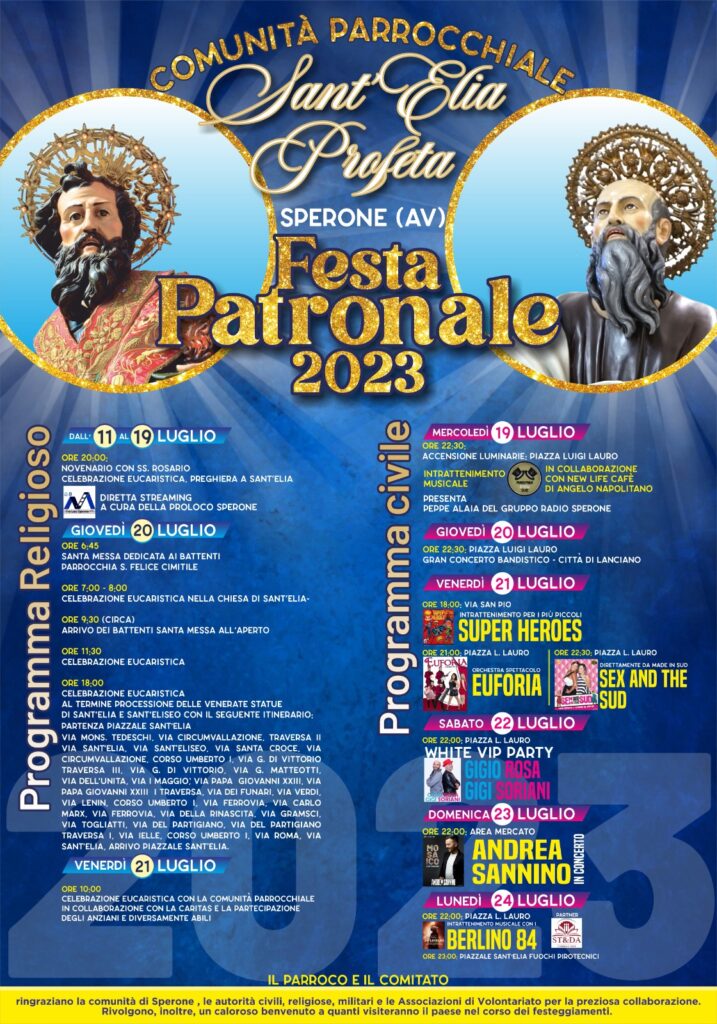 SPERONE. Giovedì 20 luglio la Festa di SantElia entra nel clou. Il Programma