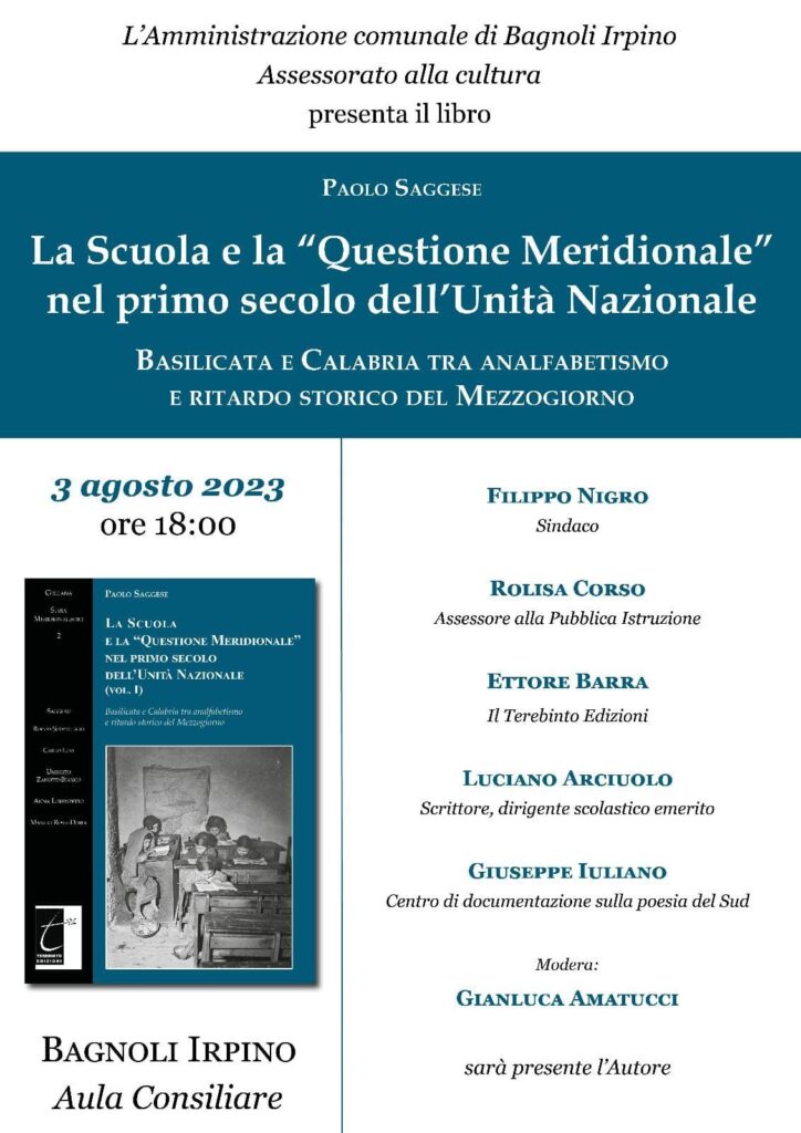 LA SCUOLA E LA QUESTIONE MERIDIONALE FA TAPPA A BAGNOLI IRPINO, DOMANI ALLE 18.00 LA PRESENTAZIONE DEL LIBRO DI PAOLO SAGGESE