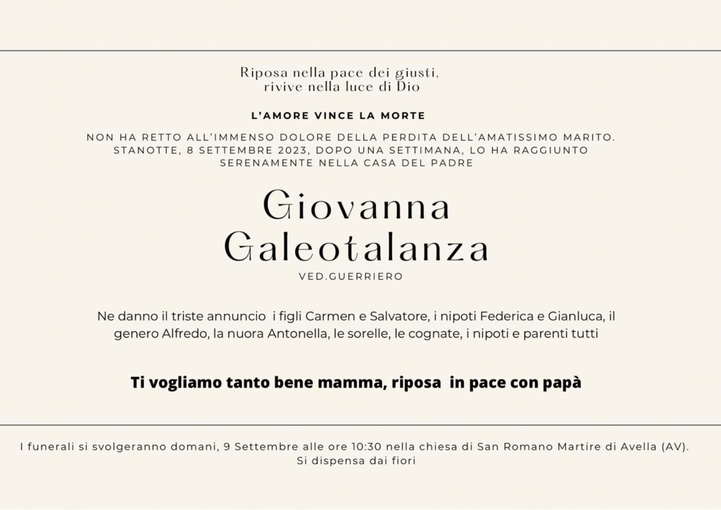 AVELLA. Lamore vince la morte, marito e moglie muoiono a distanza di pochi giorni.  Giovanna ha raggiunto il suo Carmine