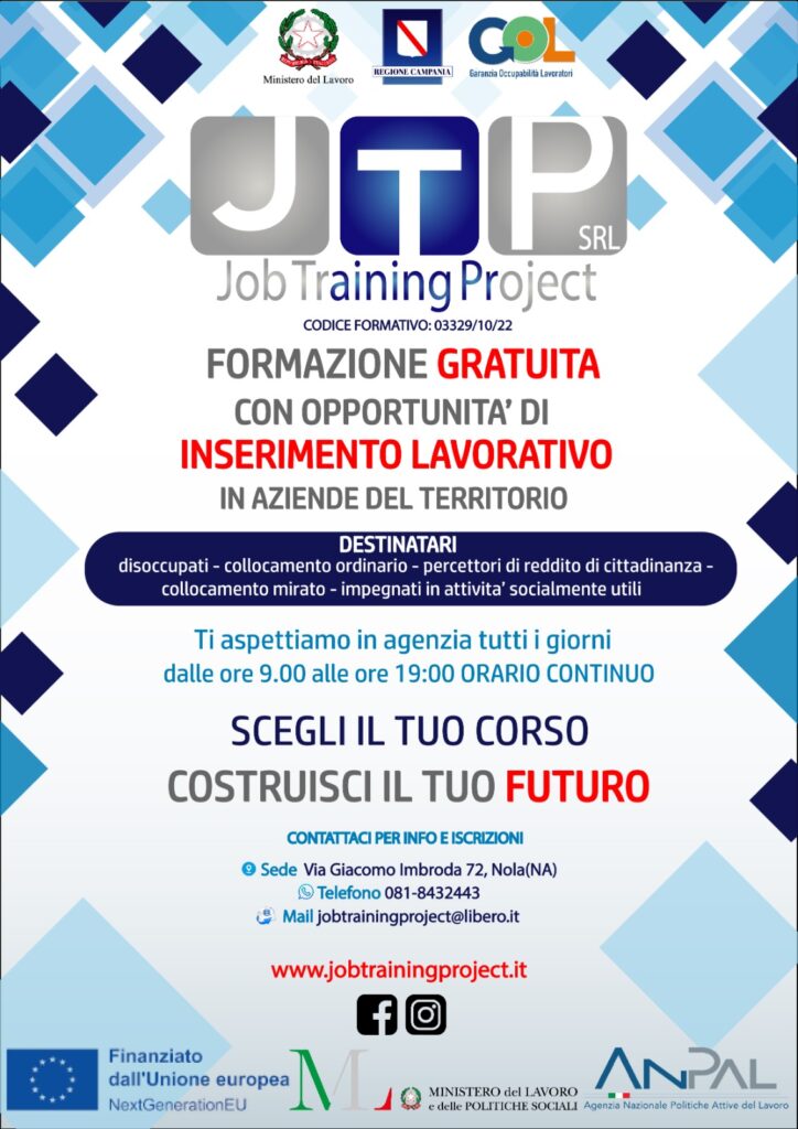 NOLA. Alla JOB TRAINING PROJECT partono i corsi per accedere al Supporto per la Formazione e il Lavoro (SFL).