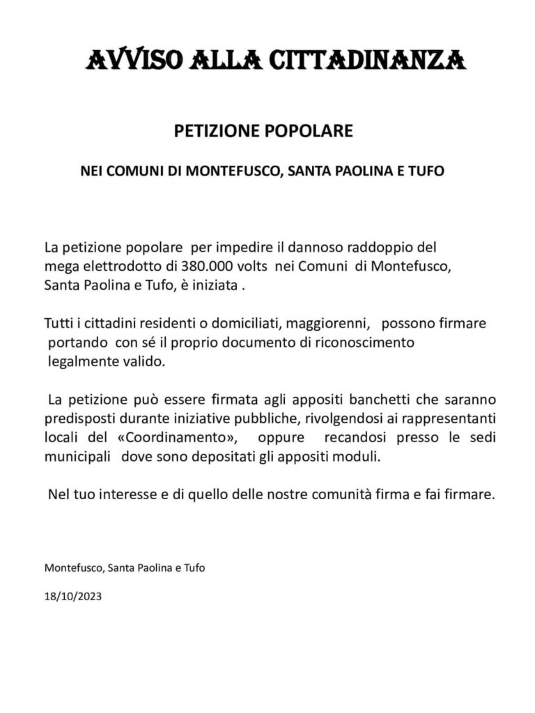 Santa Paolina (Av)  Domenica 22 presentazione della petizione contro il passaggio dellelettrodotto.