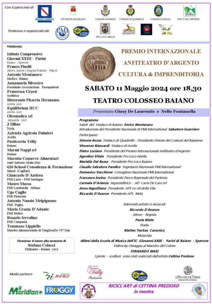 Sabato 11 Maggio al Teatro Colosseo di Baiano, la cerimonia di consegna degli Anfiteatro d’Argento 2024