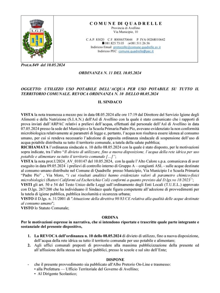 Lacqua torna potabile  a Quadrelle. Ecco l’ordinanza del sindaco Simone Rozza