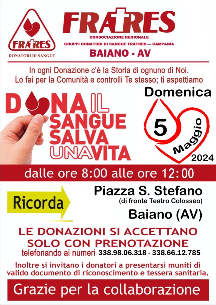 30 Anni di Generosità: Il Gruppo Donatori Baianese Fratres Celebra un importante Anniversario. Domenica 5 maggio in piazza Santo Stefano