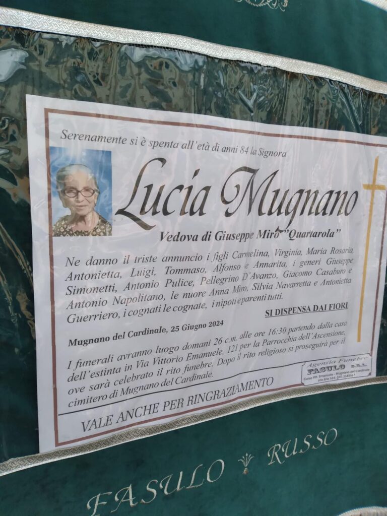 NON E’ PIU’. Mugnano, lutto Lucia Mugnano anni 83