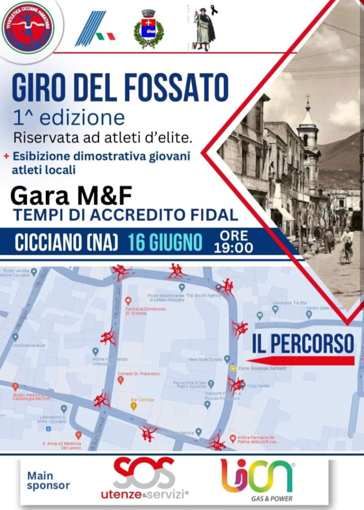 Domenica 16 giugno, alle ore 19, a Cicciano in corso Garibaldi si svolgerà la 1° edizione del “Giro del Fossato” riservato ad atleti d’élite organizzata dalla A.S.D. Vivatletica Cicciano Marathon.