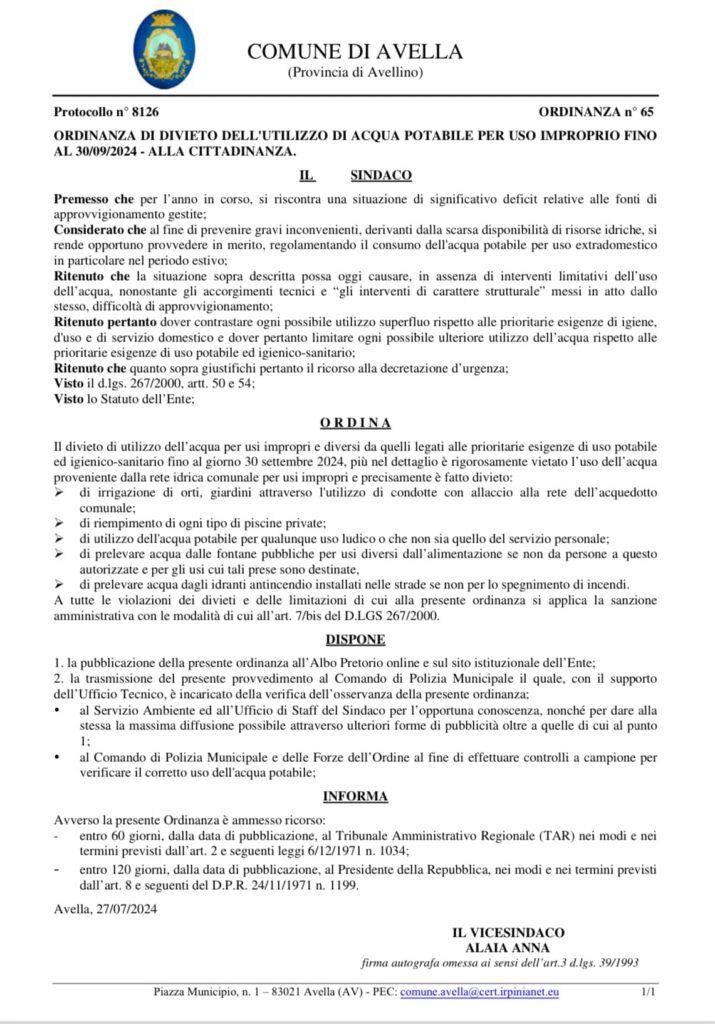 AVELLA.  Ordinanza Comunale: Divieto di Uso Improprio dellAcqua Potabile fino al 30 Settembre 2024