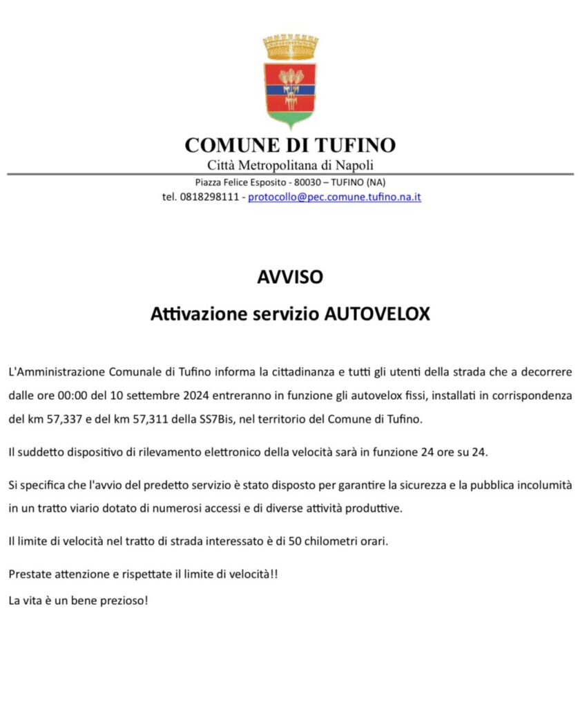 Tufino: Attivazione del servizio Autovelox, ecco da quando è entrato in funzione