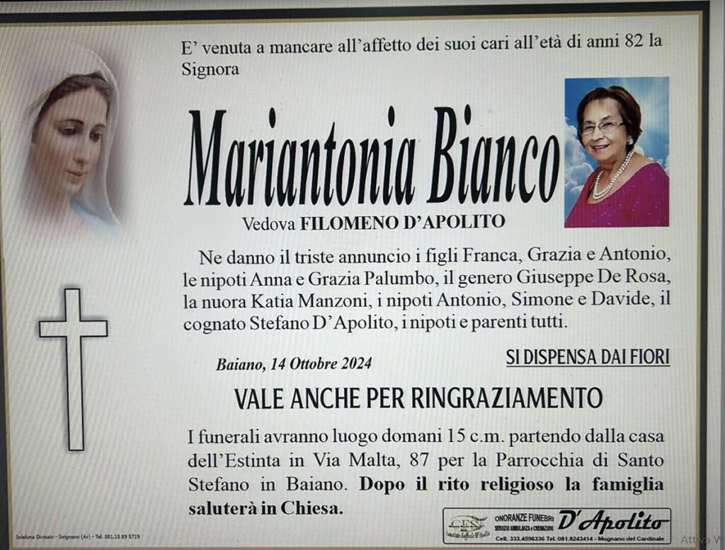 NON È PIÙ. Baiano, lutto Mariantonia Bianco.