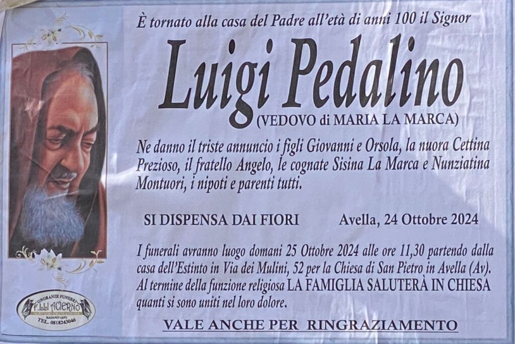 NON E PIU. Avella, lutto Luigi Pedalino, anni 100