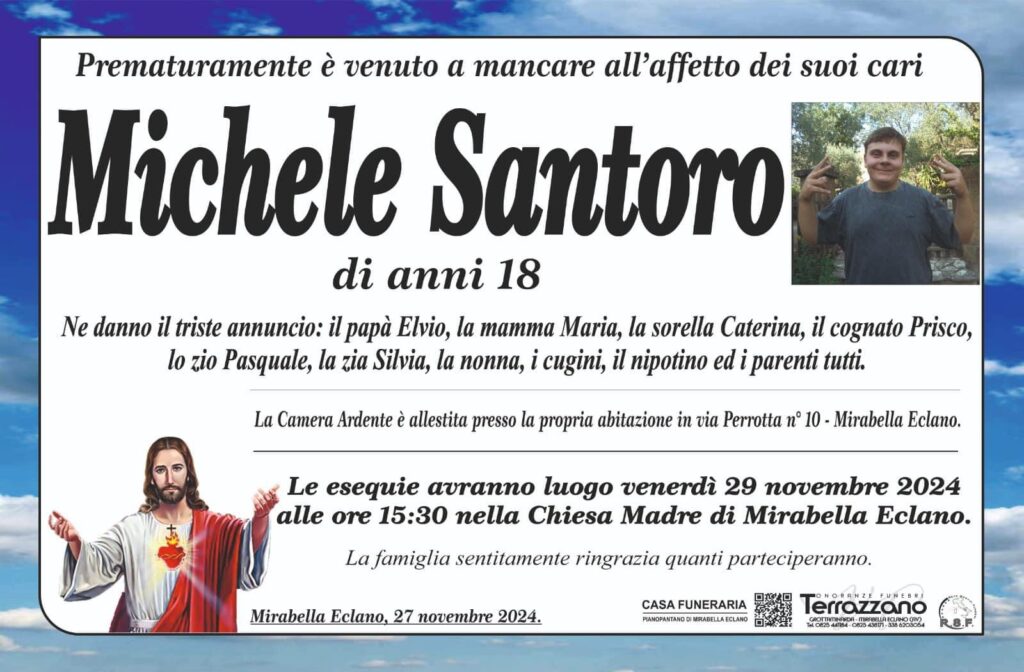 IRPINIA. Michele Santoro: un tragico addio a soli 18 anni