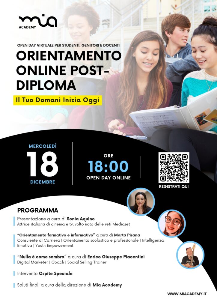 AVELLINO. MIA Academy presenta: Orientamento Online Post Diploma – Il Tuo Domani Inizia Oggi. Open Day Virtuale gratuito per studenti, genitori e docenti