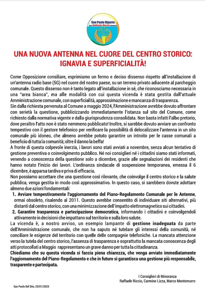 San Paolo Bel Sito (NA): il caso dell’antenna 5G nel centro storico tra polemiche e richieste di trasparenza