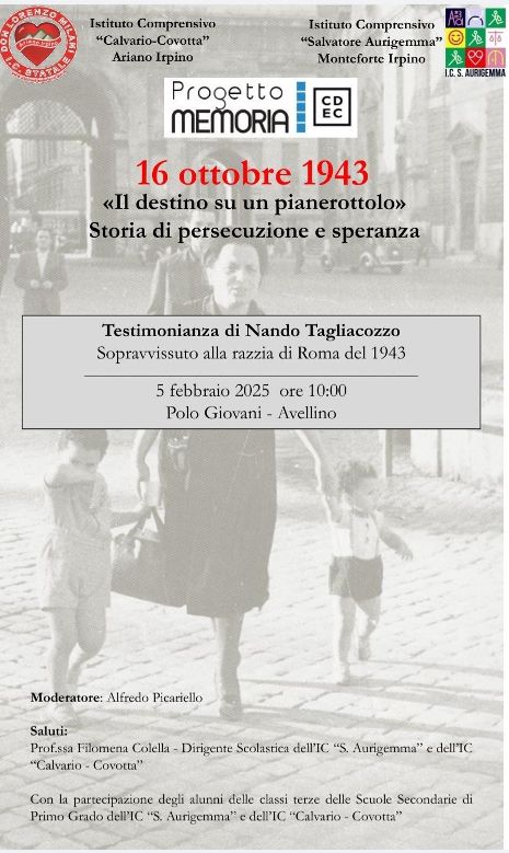 Nando Tagliacozzo, tra i sopravvissuti al rastrellamento del ghetto di Roma, porta la sua testimonianza agli studenti dell’IC Aurigemma di Monteforte e dell’IC Calvario Covotta di Ariano