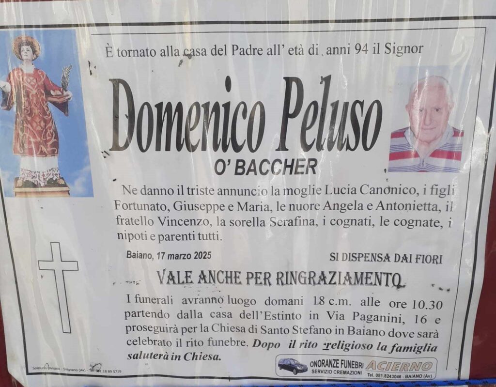 NON E PIU. Baiano, Lutto Domenico Peluso,  Baccher