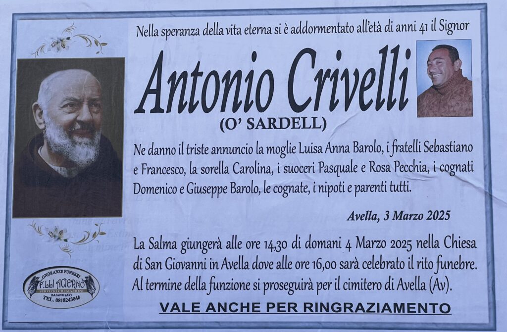 Avella, oggi i funerali di Antonio Crivelli: stroncato da un malore mentre era al lavoro