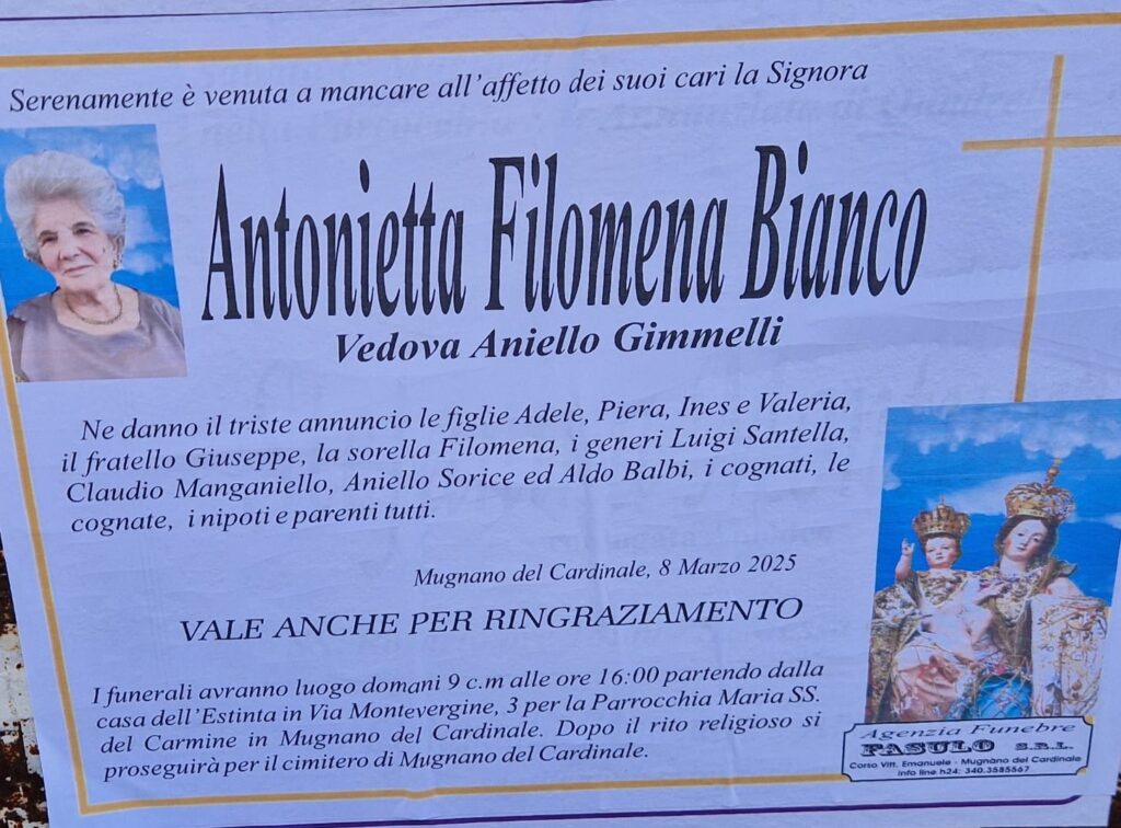 NON E PIU. Mugnano del Cardinale dà l’ultimo saluto ad Antonietta Filomena Bianco