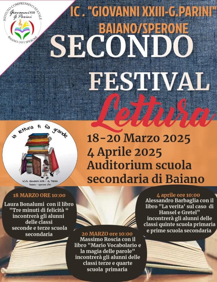 BAIANO. Al via il Secondo Festival della Lettura: tre incontri con gli autori per studenti e docenti dell’Istituto Giovanni XXIII G.Parini