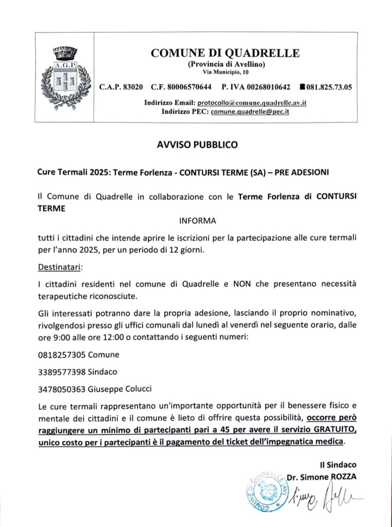 QUADRELLE. Cure Termali 2025: Terme Forlenza   CONTURSI TERME (SA) – PRE ADESIONI