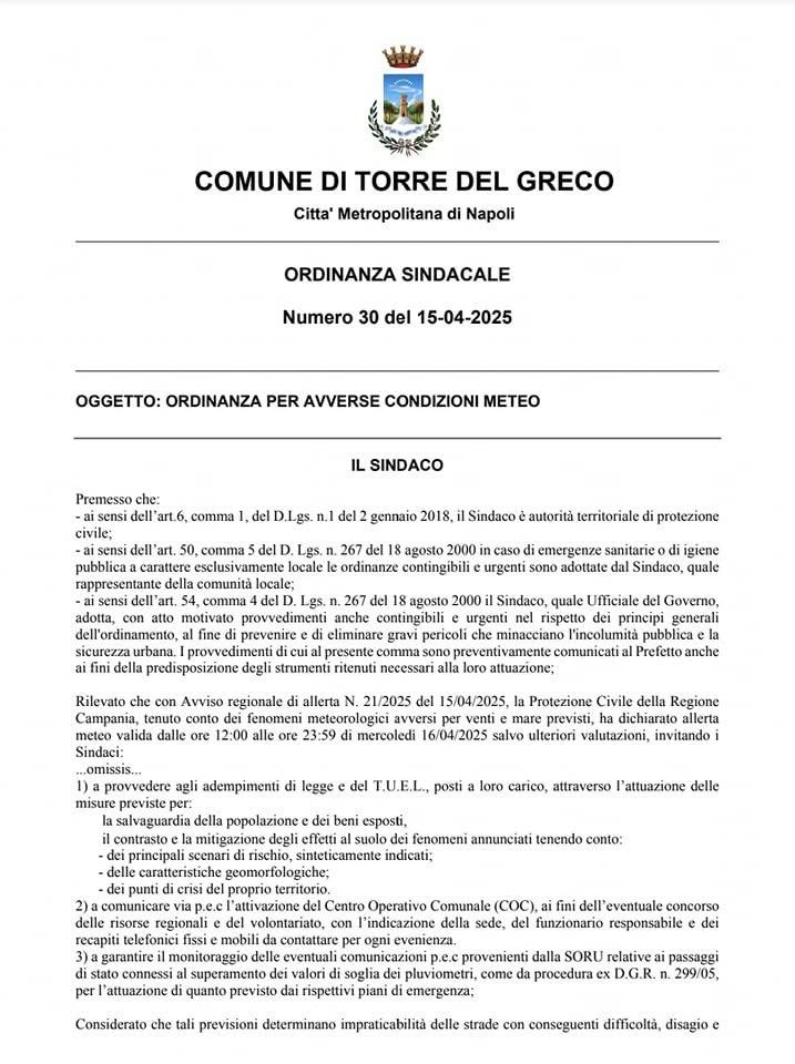 Torre del Greco: allerta meteo, chiusi parchi, giardini e cimitero fino al 16 aprile