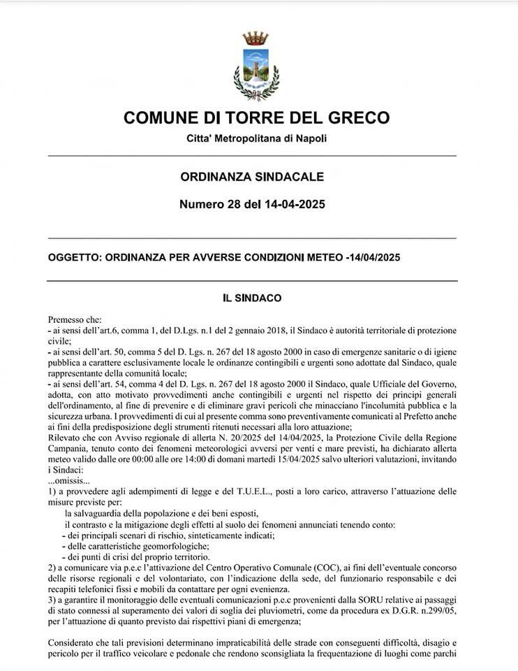Maltempo in arrivo: allerta meteo a Torre del Greco, chiusi cimitero, parchi e giardini fino al 15 aprile