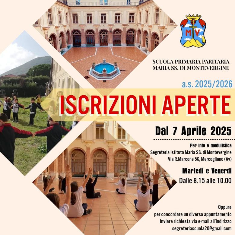 Mercogliano. Riaperte le iscrizioni per lanno scolastico 2025/2026 alla Scuola Primaria dellIstituto Maria Ss di Montevergine
